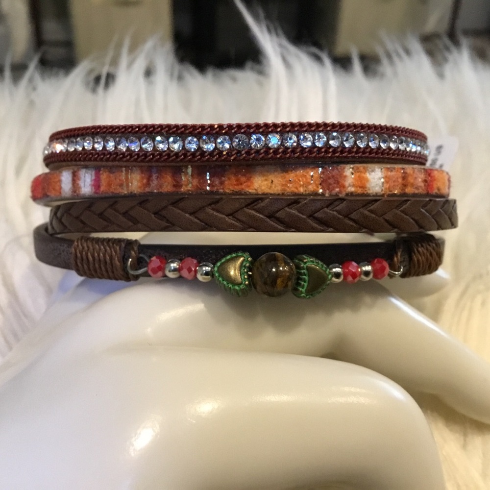 NWT TORRID LEATHER Brown and Red Beaded Bracelet